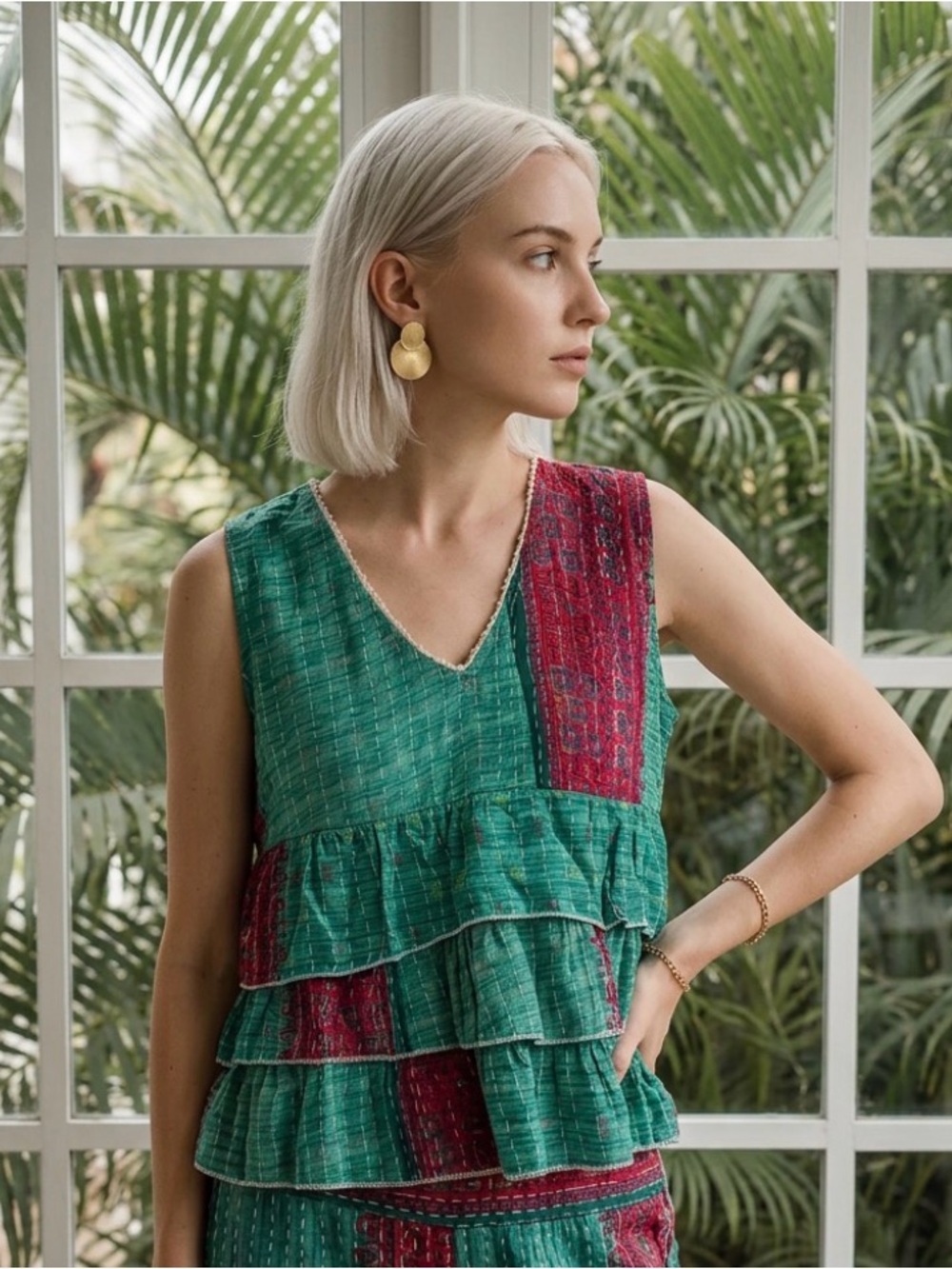 Kantha Green & Red Tiered Ruffle Sleeveless Top size S-M 100% Cotton